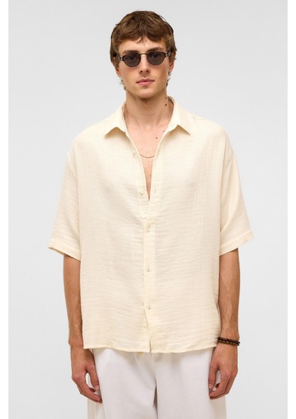 Oversize Kısa Kollu Müslin Kumaş Gömlek Naturel fiyatları