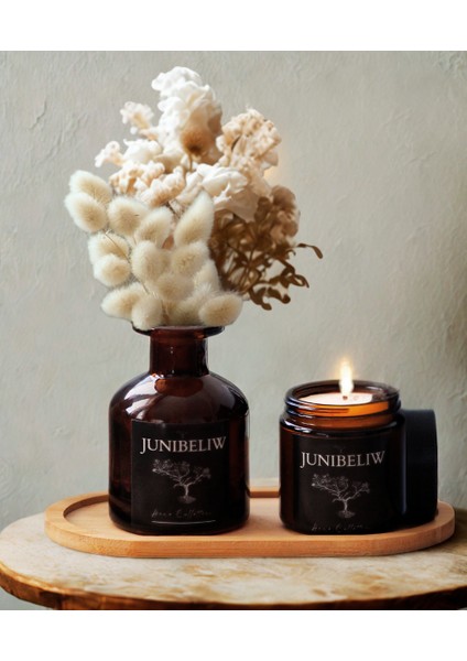 3lü Set Amber Dekoratif Cam Şişe Vazo Kavanoz 150ML(ÇİÇEKSİZ) Amber Mum(Kokusuz) 100CC+AHŞAP Altlık