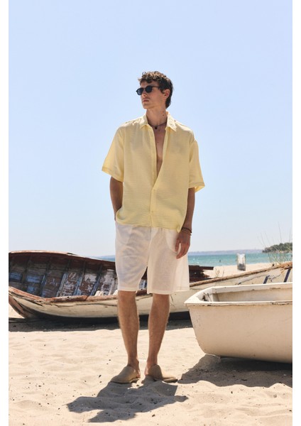 Oversize Kısa Kollu Müslin Kumaş Gömlek Sarı