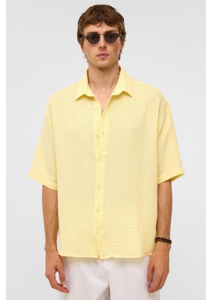Oversize Kısa Kollu Müslin Kumaş Gömlek Sarı modelleri