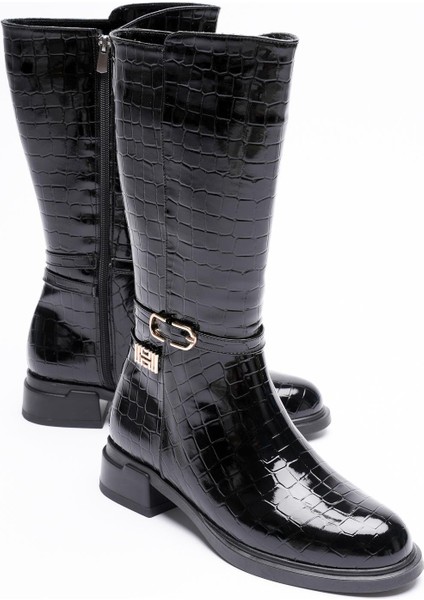 Crovina Kadın Siyah Rugan Krokodil Gold Aksesuarlı Kısa Çizme