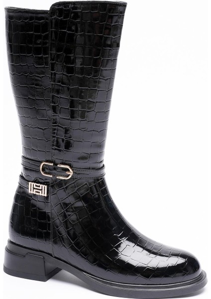 Crovina Kadın Siyah Rugan Krokodil Gold Aksesuarlı Kısa Çizme fiyatları