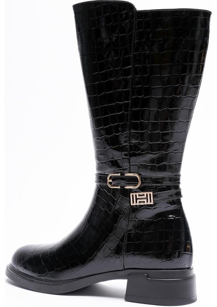 Crovina Kadın Siyah Rugan Krokodil Gold Aksesuarlı Kısa Çizme modelleri