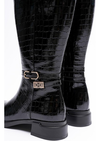 Crovina Kadın Siyah Rugan Krokodil Gold Aksesuarlı Kısa Çizme fırsatları