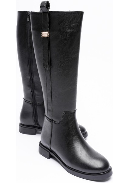 Kadın Deri Çizme Fermuarlı Gold Aksesuarlı Siyah Ferina
