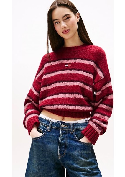 Kadın Rahat Kalıp Düşük Omuzlu Alpaka Karışımlı Çizgili Triko Kazak - Bordo