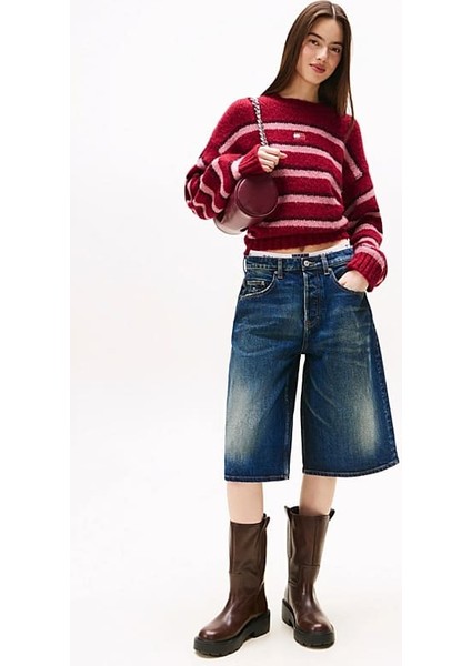 Kadın Rahat Kalıp Düşük Omuzlu Alpaka Karışımlı Çizgili Triko Kazak - Bordo fiyatları