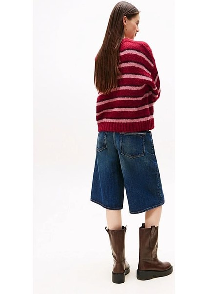 Kadın Rahat Kalıp Düşük Omuzlu Alpaka Karışımlı Çizgili Triko Kazak - Bordo modelleri