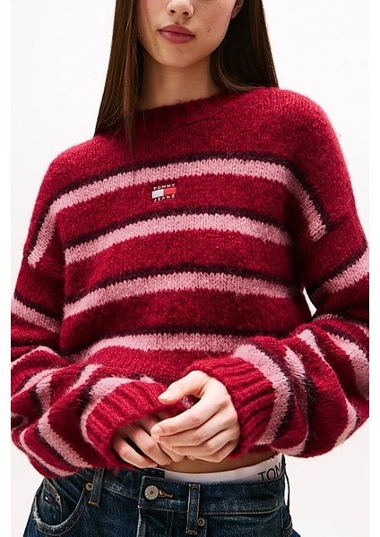 Kadın Rahat Kalıp Düşük Omuzlu Alpaka Karışımlı Çizgili Triko Kazak - Bordo fırsatları
