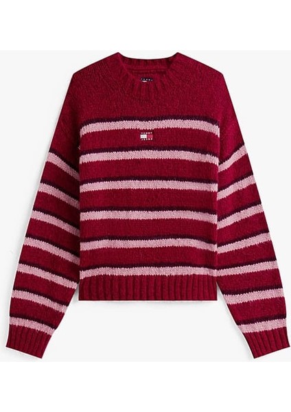 Kadın Rahat Kalıp Düşük Omuzlu Alpaka Karışımlı Çizgili Triko Kazak - Bordo indirimleri