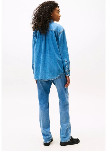 Kadın Rahat Kalıp Çift Göğüs Cepli Kot Gömlek - Mavi modelleri