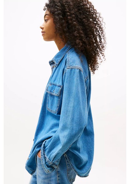 Kadın Rahat Kalıp Çift Göğüs Cepli Kot Gömlek - Mavi fırsatları