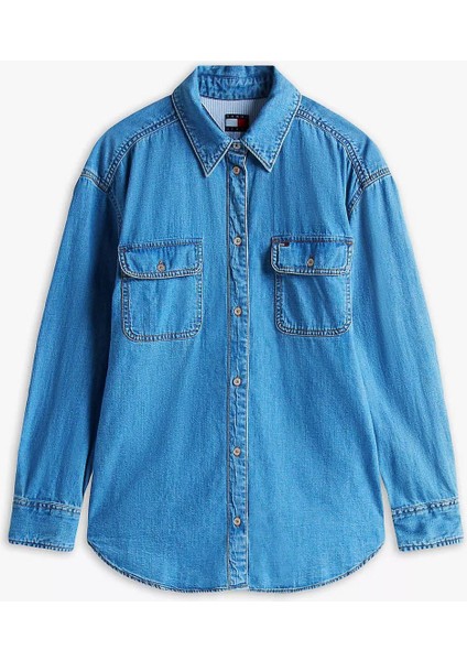 Kadın Rahat Kalıp Çift Göğüs Cepli Kot Gömlek - Mavi indirimleri