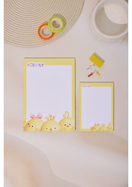 2'li Masaüstü Sarı Civciv Notepad Çizgili Orta ve Noktalı Küçük Boy 100 Sayfa Not Defteri