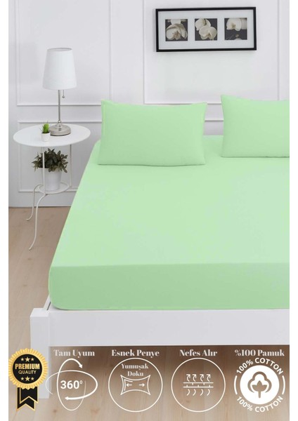 Mirava Premium %100 Pamuk Penye Lastikli Çift Kişilik Çarşaf Takımı (2 Yastık Kılıfı Dahil) Mint 140X200CM