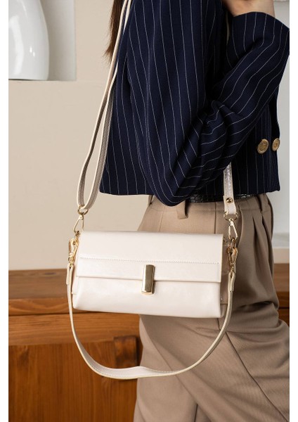 ,Küçük krem Baget Kadın El ve Omuz Çantası