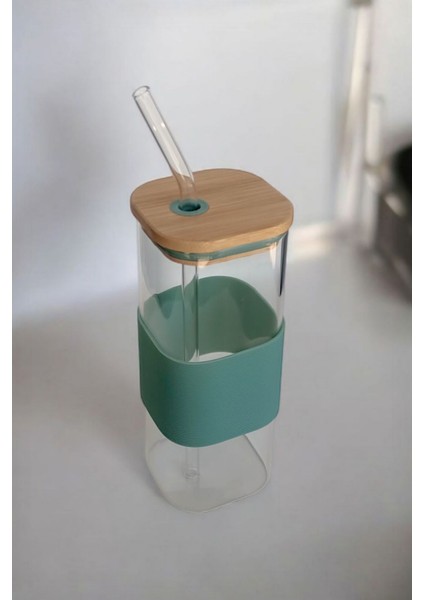 Bambu Kapaklı Kare Cam Pipetli Kupa 400 ml | Yeşil
