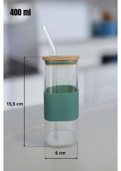 Bambu Kapaklı Kare Cam Pipetli Kupa 400 ml | Yeşil fiyatları