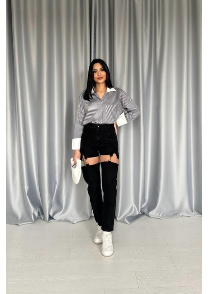 Siyah Askılı Iki Parça Jeans Pantolon