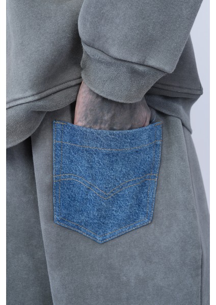 Oversize Gri Eşofman – Kontrast Mavi Cep Detaylı modelleri