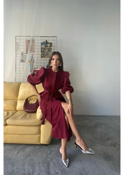 Tencel Karpuz Kol Elbise - Bordo