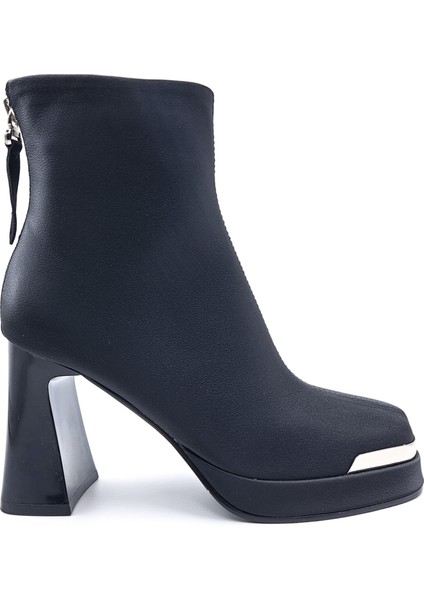 G25K414 Arkadan Fermuarlı Platformlu Topuklu Siyah Kadın Bot