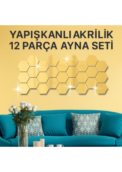 12'li Yapışkanlı Akrilik Ayna Seti | Altıgen Duvar Dekoru | Modern Dekoratif Ayna Panelleri