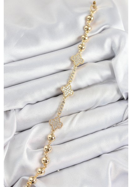 Pirinç Zirkon Taşlı Yonca Model Gold Renk Kadın Bileklik - Lisinya