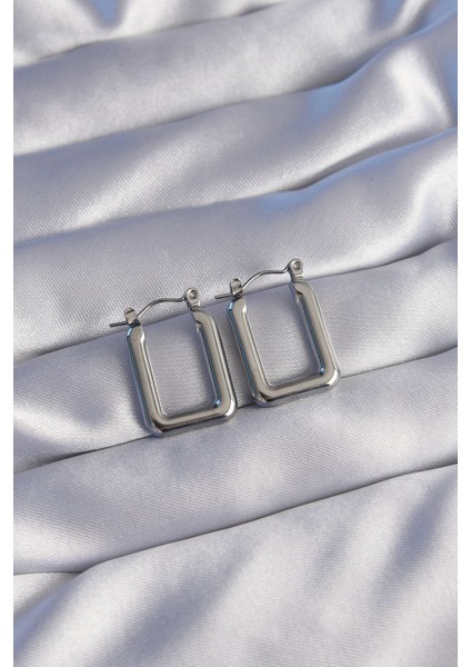 316L Çelik Gümüş Renk Dikdörtgen Model Küpe - Lisinya