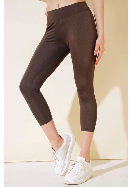 Esnek Yüksek Bel Kahverengi Uzun Parlak Disco Tayt ( Lisinya )