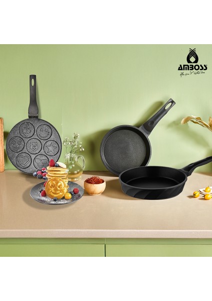 3 Parça Neşeli Emoji Granit Tava & Ikili Döküm Tava Seti