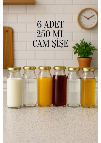 6 Adet 250 ml Beslenme Şeffaf Meyve Suyu, Meşrubat, Limonata Şişesi Metal Kapaklı 250 cc Şişe