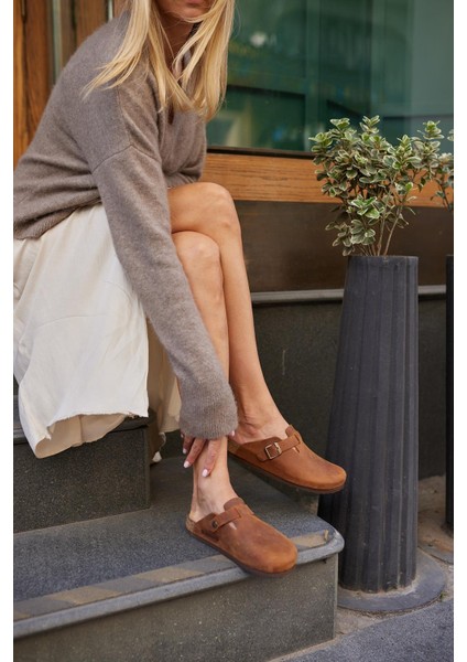 Oslo Hakiki Deri Mantar Taban Ortopedik Unisex Terlik