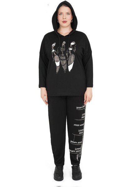 Kadın Büyük Beden Siyah Alt Üst İkili Kapüşonlu Takım fırsatları
