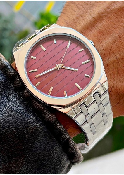 Gümüş Renk Bordo Kadran Çelik Kordon 40MM Ufak Kasa Erkek Kol Saati