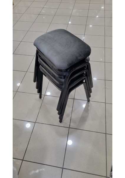 Tabure 4 Adet Siyah Demir Ayaklı Silinebilir Kumaş Yeni Trend Mutfak Taburesi Dikdörtgen Tabure