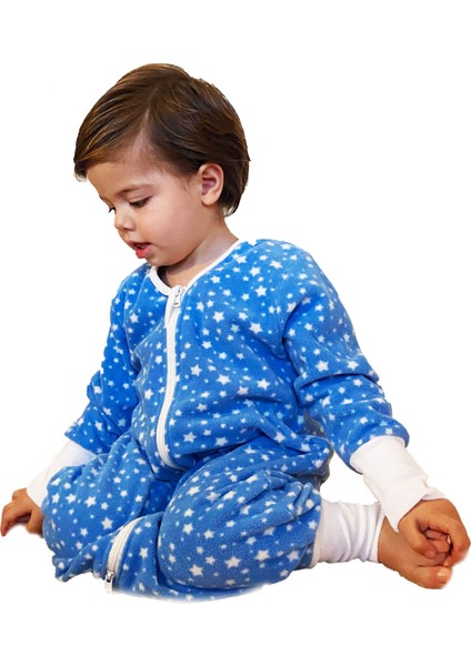 Mavi, Yıldızlı, Çift Taraflı Fermuarlı, Mikro Polar Bebek Çocuk Uyku Tulumu Unisex Tog 2