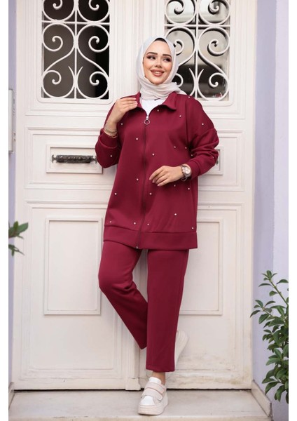 Fermuarlı Bordo Tesettür Ikili Takım 12401BR fiyatları
