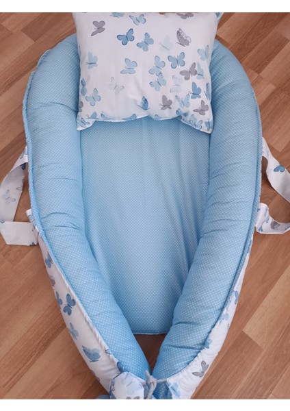 Mavi Benekli Beyaz Kelebekli Bebek Yatağı fiyatları