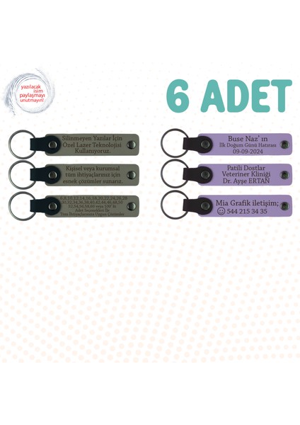 Kül Gri & M Menekşe, 6’lı Set, Isim Yazılabilen Deri Anahtarlık, Doğum Günü Partilerine Özel Sürpriz