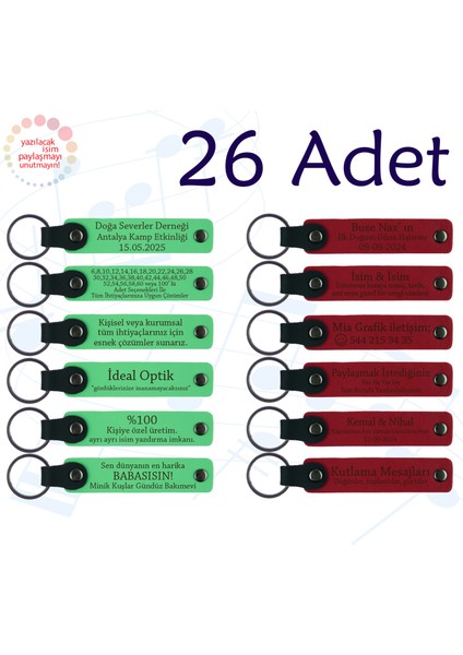 F Yeşili & Kırmızı, Doğa Turu Ekibine Özel Hediye, 26’lı Set, Isim Yazılabilen Deri Anahtarlık