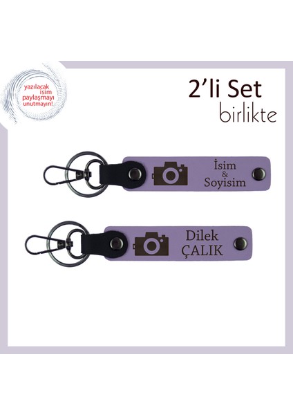 Fotoğraf Sevdalılarına Minimal Hediye, Isme Özel Kamera Anahtarlık Takımı, Mor Menekşe-Mor Menekşe