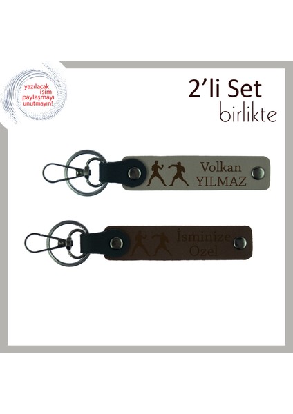 Yumruk Gücünü Yansıtan, Kişiye Özel Yazılı 2’li Anahtarlık, Sporcuya Hediye, Kül Gri-Koyu Kahve