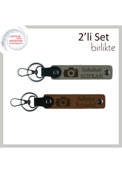 Sanat ve Sevgiyi Birleştiren Hediye, Kamera Temalı Isimli 2’li Anahtarlık, Kül Gri-Açık Kahve