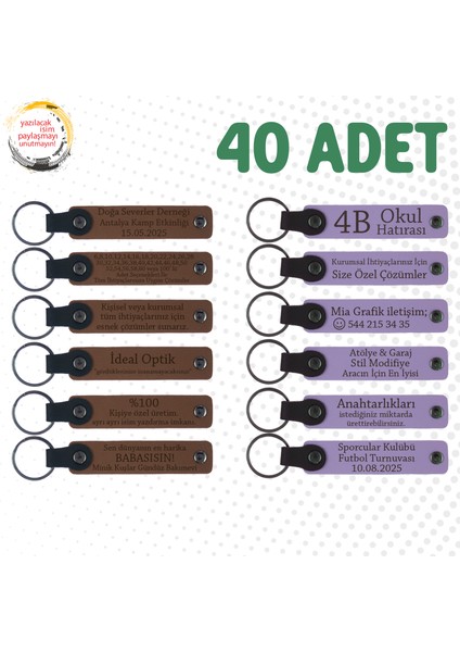 A Kahve & Mor Menekşe, Firma Tanıtım Gününe Özel Hediye, 40’lı Set, Isimli Anlamlı Deri Anahtarlık