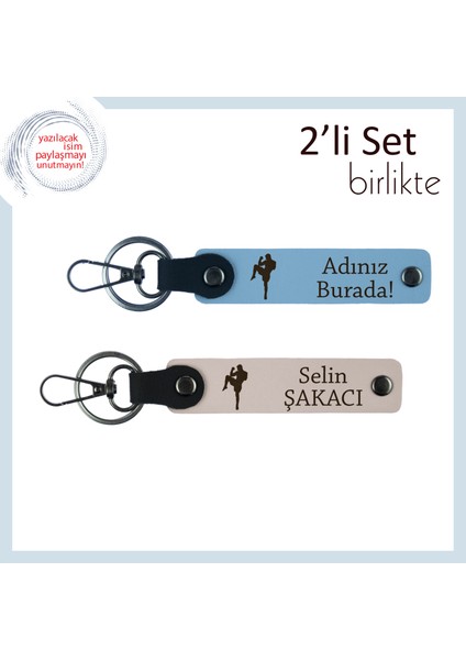 Tekvandocu Yakına Uygun Armağan, Kalıcı Isimli Hatıralık Deri Anahtarlık 2’li Set, Gök Mavi-Pudra