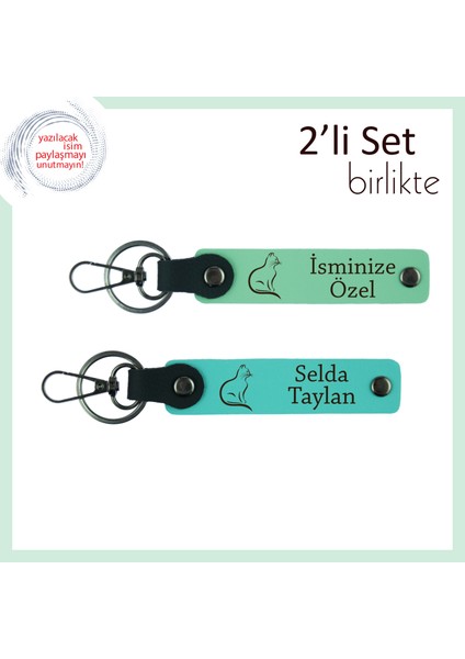 Kedili Kombinleri Sevenlere, Stil Sahibi, Kişisel Yazılı 2’li Anahtarlık, Açık Yeşil-Turkuaz