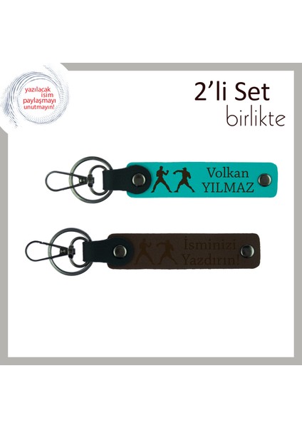 Ringin Gücünü Simgeler, Yumruk Figürlü, Kişisel Yazılı 2’li Anahtarlık Seti, Koyu Turkuaz-Koyu Kahve
