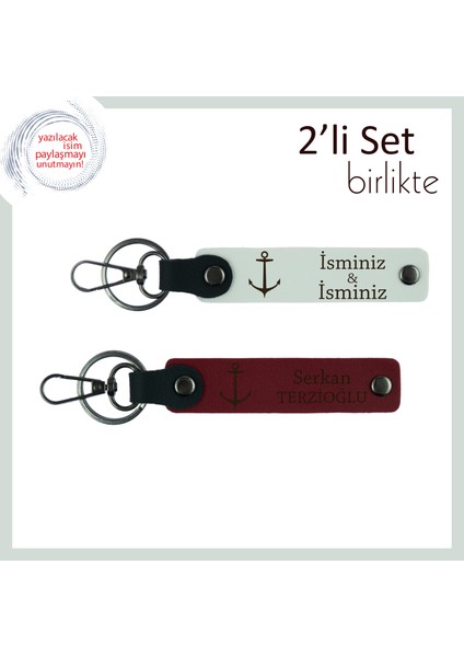 Deniz Aşkını Taşıyan Kişisel Isimli Anahtarlık, Gemici Çıpası Motifli 2’li Deri Set, Beyaz-Bordo