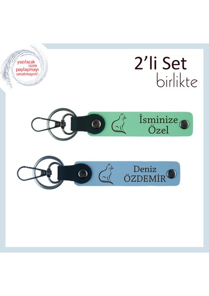 Kedili Stil Tamamlayıcı, Kişiye Özel Yazılı, 2’li Anahtarlık Seti, Açık Yeşil-Gök Mavi